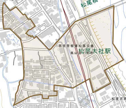 嵐山宮ノ前町とその周辺の地図。町の範囲を重ねている