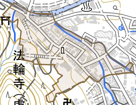 嵐山中尾下町とその周辺の地図。町の範囲を重ねている