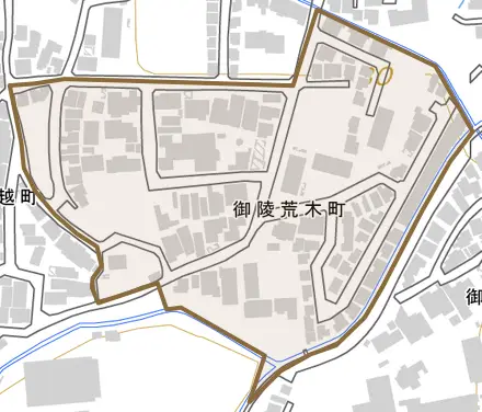 御陵荒木町とその周辺の地図。町の範囲を重ねている