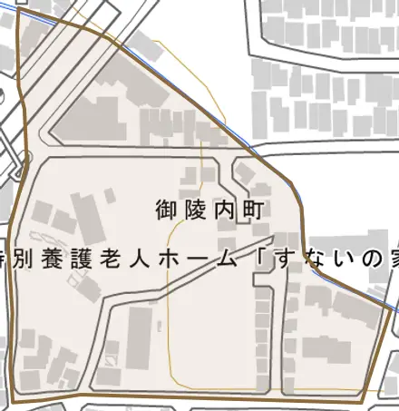 御陵内町とその周辺の地図。町の範囲を重ねている