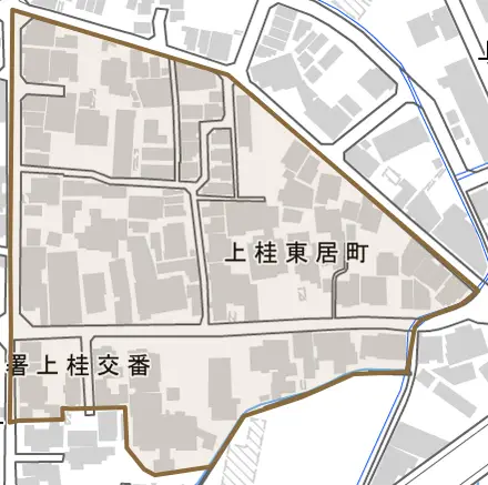 上桂東居町とその周辺の地図。町の範囲を重ねている