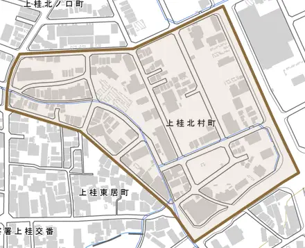 上桂北村町とその周辺の地図。町の範囲を重ねている