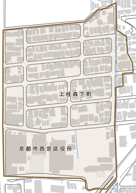 上桂森下町とその周辺の地図。町の範囲を重ねている