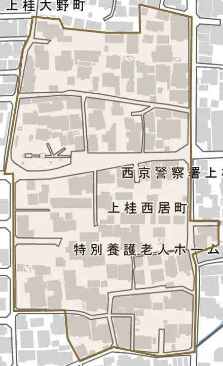 上桂西居町とその周辺の地図。町の範囲を重ねている