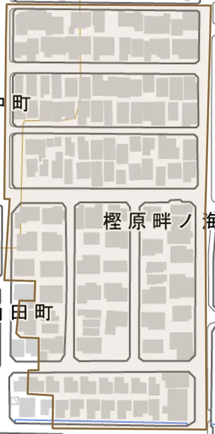 樫原畔ノ海道とその周辺の地図。町の範囲を重ねている