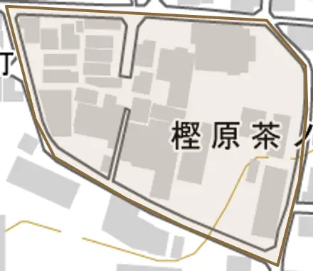 樫原茶ノ木本町とその周辺の地図。町の範囲を重ねている