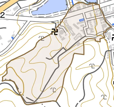 樫原百々ケ池とその周辺の地図。町の範囲を重ねている