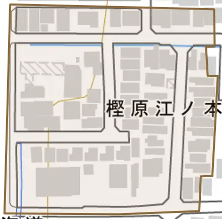 樫原江ノ本町とその周辺の地図。町の範囲を重ねている