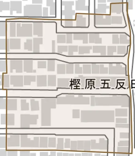 樫原五反田とその周辺の地図。町の範囲を重ねている