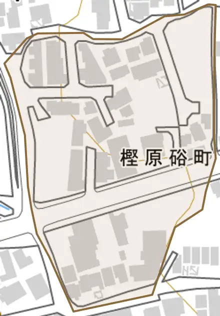 樫原硲町とその周辺の地図。町の範囲を重ねている