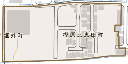 樫原比恵田町とその周辺の地図。町の範囲を重ねている