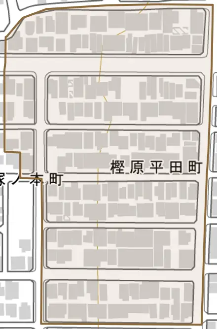 樫原平田町とその周辺の地図。町の範囲を重ねている