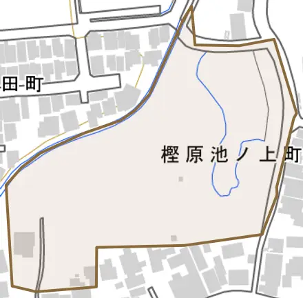 樫原池ノ上町とその周辺の地図。町の範囲を重ねている