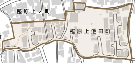 樫原上池田町とその周辺の地図。町の範囲を重ねている