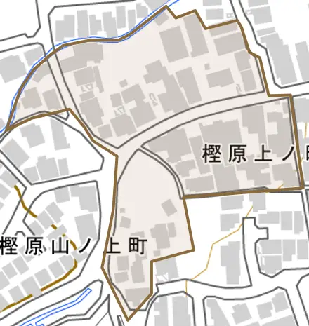 樫原上ノ町とその周辺の地図。町の範囲を重ねている