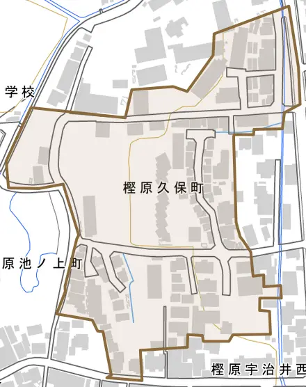 樫原久保町とその周辺の地図。町の範囲を重ねている