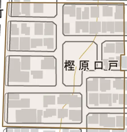 樫原口戸とその周辺の地図。町の範囲を重ねている
