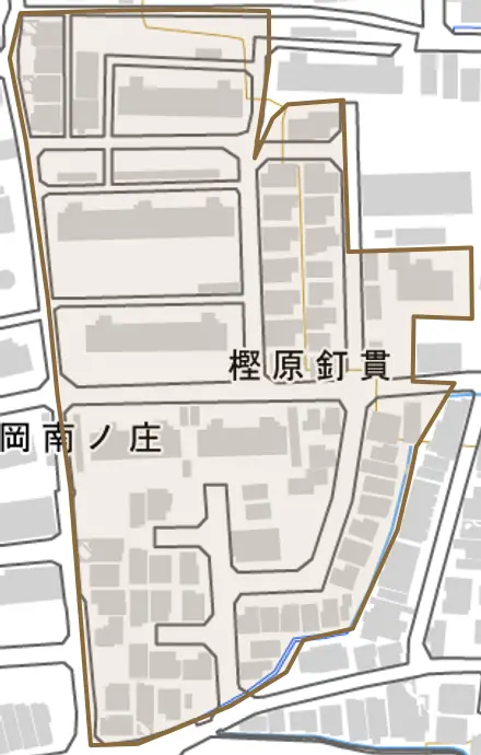 樫原釘貫とその周辺の地図。町の範囲を重ねている