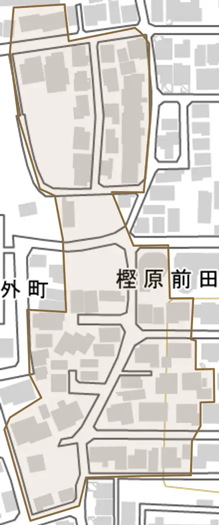 樫原前田町とその周辺の地図。町の範囲を重ねている