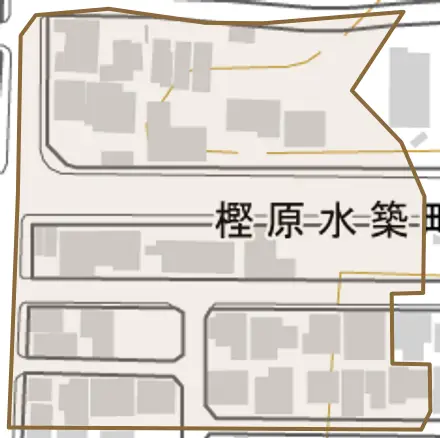 樫原水築町とその周辺の地図。町の範囲を重ねている