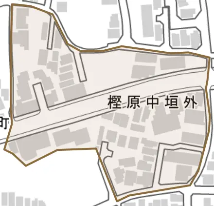 樫原中垣外とその周辺の地図。町の範囲を重ねている