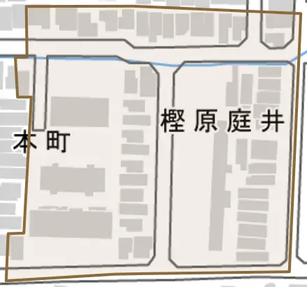 樫原庭井とその周辺の地図。町の範囲を重ねている