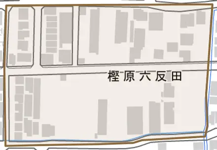樫原六反田とその周辺の地図。町の範囲を重ねている