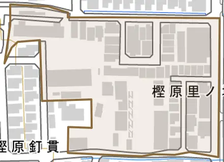 樫原里ノ垣外町とその周辺の地図。町の範囲を重ねている