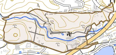 樫原鴫谷とその周辺の地図。町の範囲を重ねている