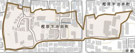 樫原下池田町とその周辺の地図。町の範囲を重ねている