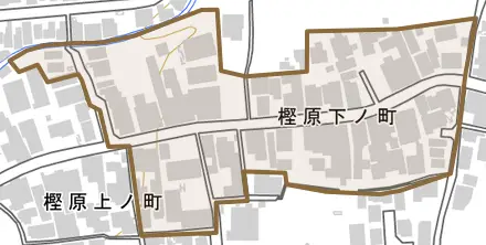 樫原下ノ町とその周辺の地図。町の範囲を重ねている