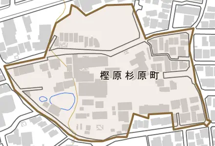 樫原杉原町とその周辺の地図。町の範囲を重ねている