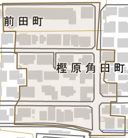 樫原角田町とその周辺の地図。町の範囲を重ねている