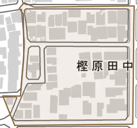 樫原田中町とその周辺の地図。町の範囲を重ねている