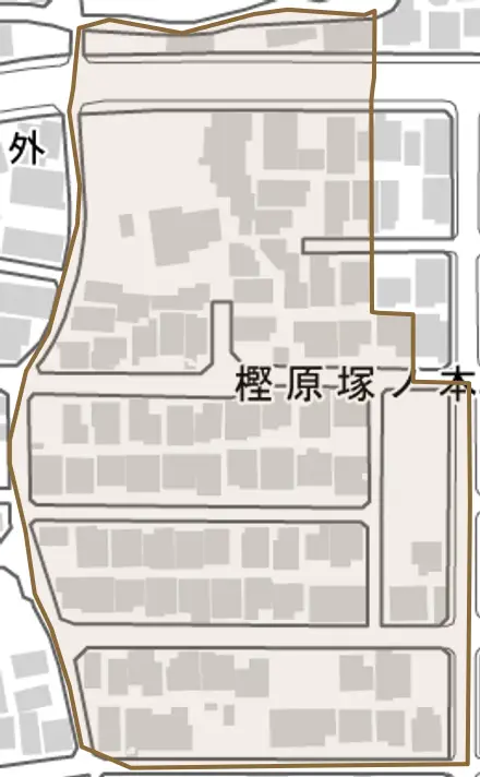 樫原塚ノ本町とその周辺の地図。町の範囲を重ねている