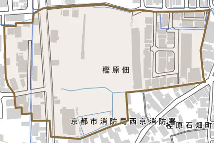 樫原佃とその周辺の地図。町の範囲を重ねている