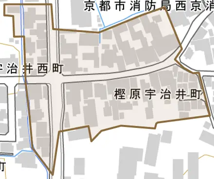 樫原宇治井町とその周辺の地図。町の範囲を重ねている