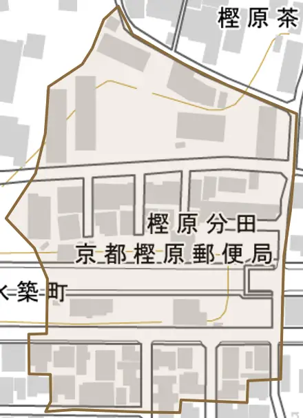 樫原分田とその周辺の地図。町の範囲を重ねている
