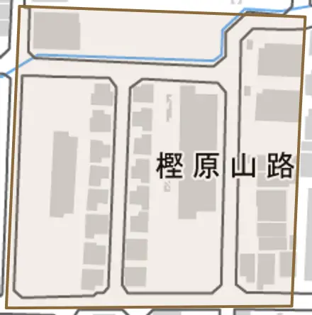 樫原山路とその周辺の地図。町の範囲を重ねている