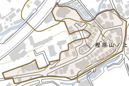 樫原山ノ上町とその周辺の地図。町の範囲を重ねている