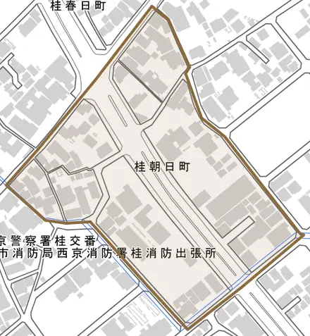 桂朝日町とその周辺の地図。町の範囲を重ねている