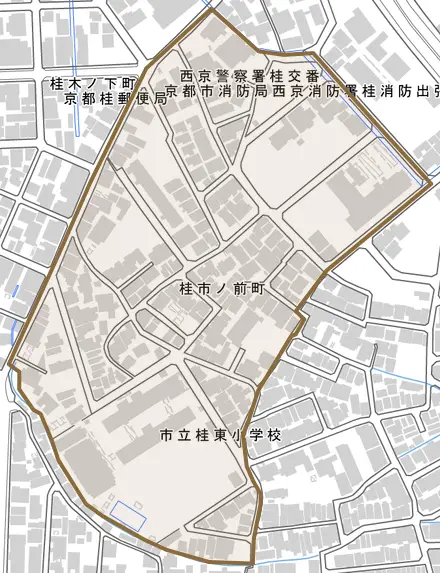 桂市ノ前町とその周辺の地図。町の範囲を重ねている