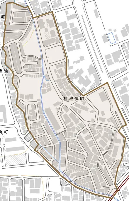 桂池尻町とその周辺の地図。町の範囲を重ねている