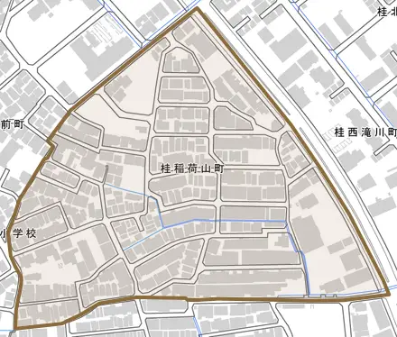 桂稲荷山町とその周辺の地図。町の範囲を重ねている