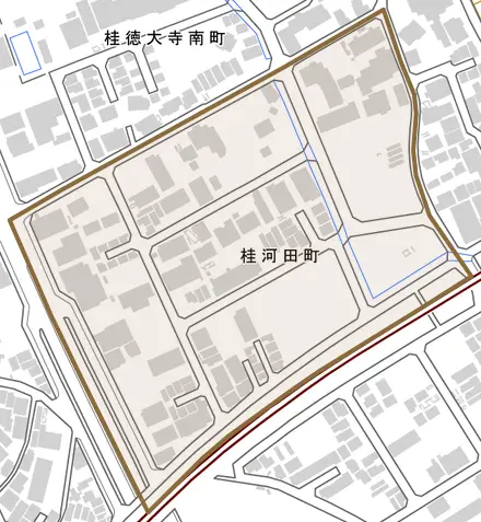 桂河田町とその周辺の地図。町の範囲を重ねている