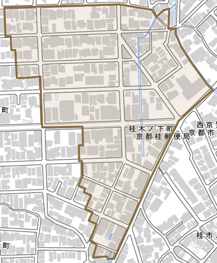 桂木ノ下町とその周辺の地図。町の範囲を重ねている