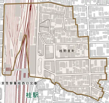 桂野里町とその周辺の地図。町の範囲を重ねている
