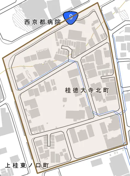 桂徳大寺北町とその周辺の地図。町の範囲を重ねている