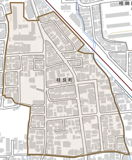 桂艮町とその周辺の地図。町の範囲を重ねている