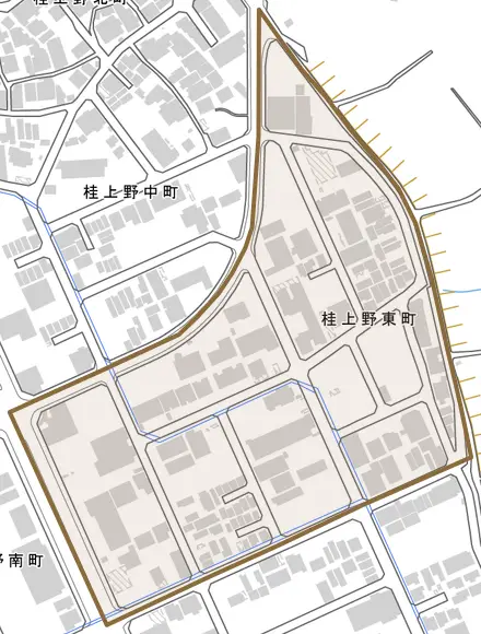 桂上野東町とその周辺の地図。町の範囲を重ねている